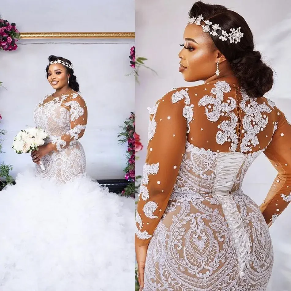 Customized Plus Size African Mermaid Wedding Dresses 2021 Nude Lining White Lace Illusion Long Sleeve Beaded Pearls Bridal