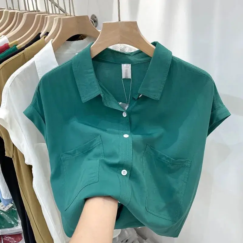 Pocket Comfortable Women Lapel Collar Summer Short Sleeved Shirt Thin Style French Casual Loose Falling Shoulder Sleeves Tops