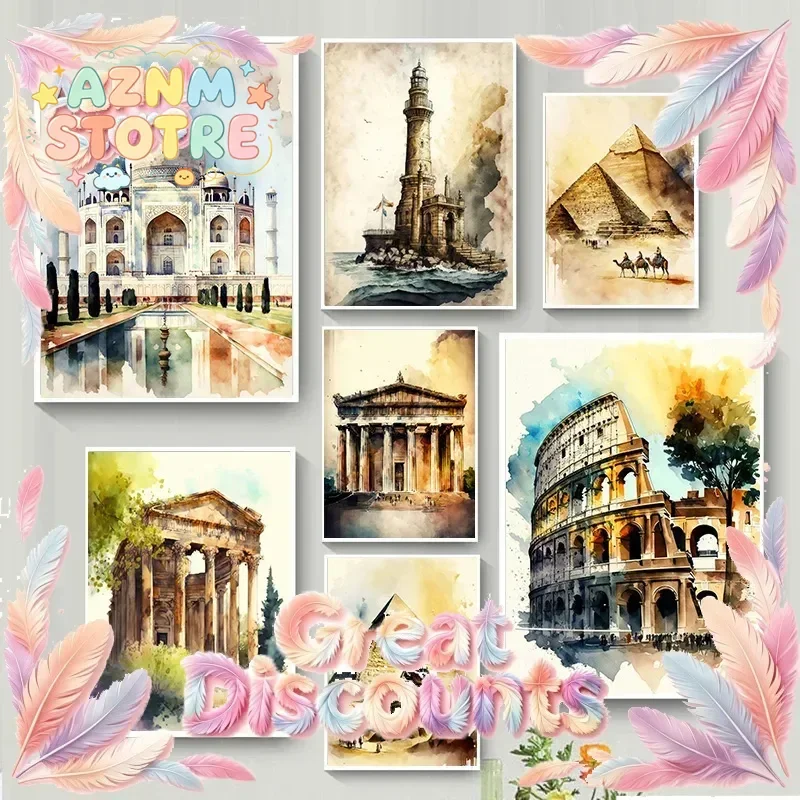 Watercolor World Building Roman Egypt Turkey City Poster Vintage Wall Art Picture Canvas Painting Living Room Home Decor Cuad