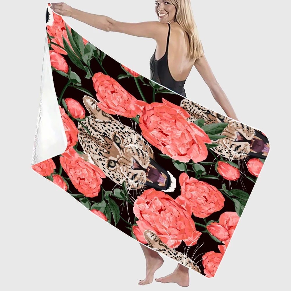 Graceful Leopard and Coral Peony Flowers Beach Towels, Highly Absorbent Bath Towels, Essential for Outdoor Swimming8.4