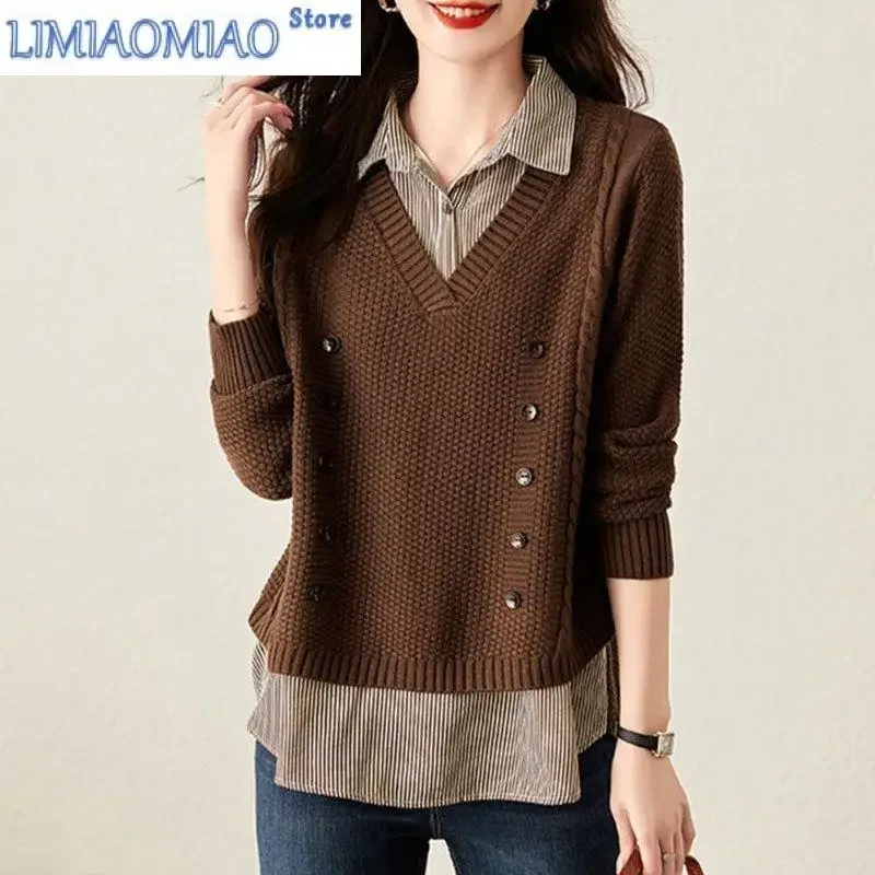 

Fake Two Piece Top Knit Sweater Women's Splice Shirt Collar Spring Autumn New Korean Loose Long Sleeve Sweater Trend Brown