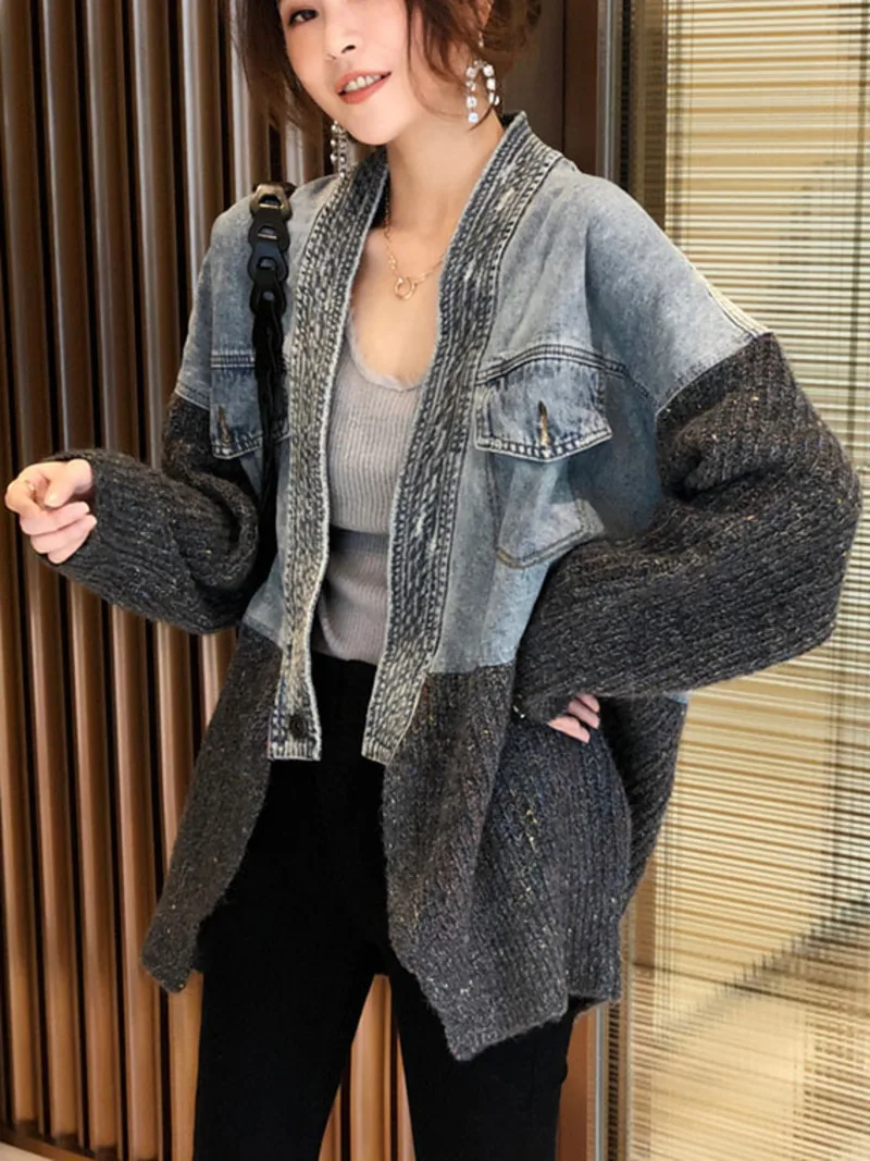 Jean Jacket Women Denim Jackets Knit Patchwork 2023 Spring Autumn Korean Youth Patchwork Denim Street Knitted Cardigan Jackets