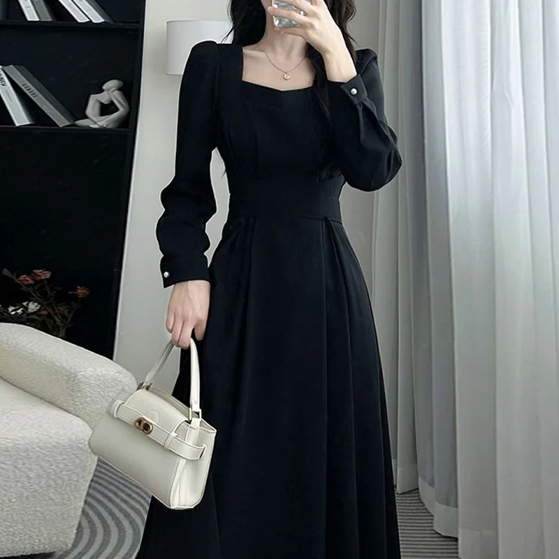 Spring Autumn Solid Color Square Collar Long Sleeve Midi Dress Women High Street Button Patchwork Dresses Elegant Vintage Robe