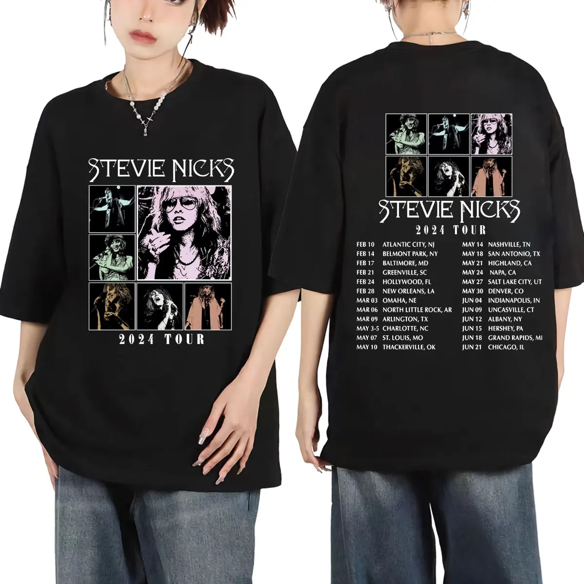 

2024 Singer Stevie Nicks Tour Double Sided Graphic T Shirts Fashion Y2k Aesthetics T-shirts Men Women Rock Trend Vintage T-shirt