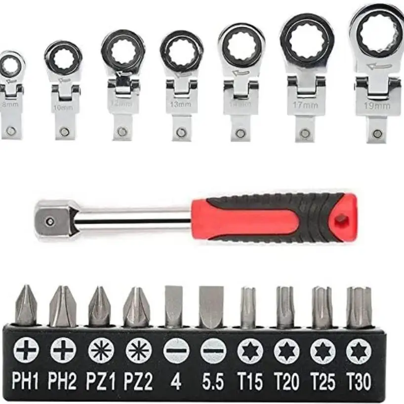 20 Pcs/set Flex Head Ratchet Wrench 8mm-19mm Changeable Wrench Ratchets Screwdriver Household Multifunctional Hardware Tools