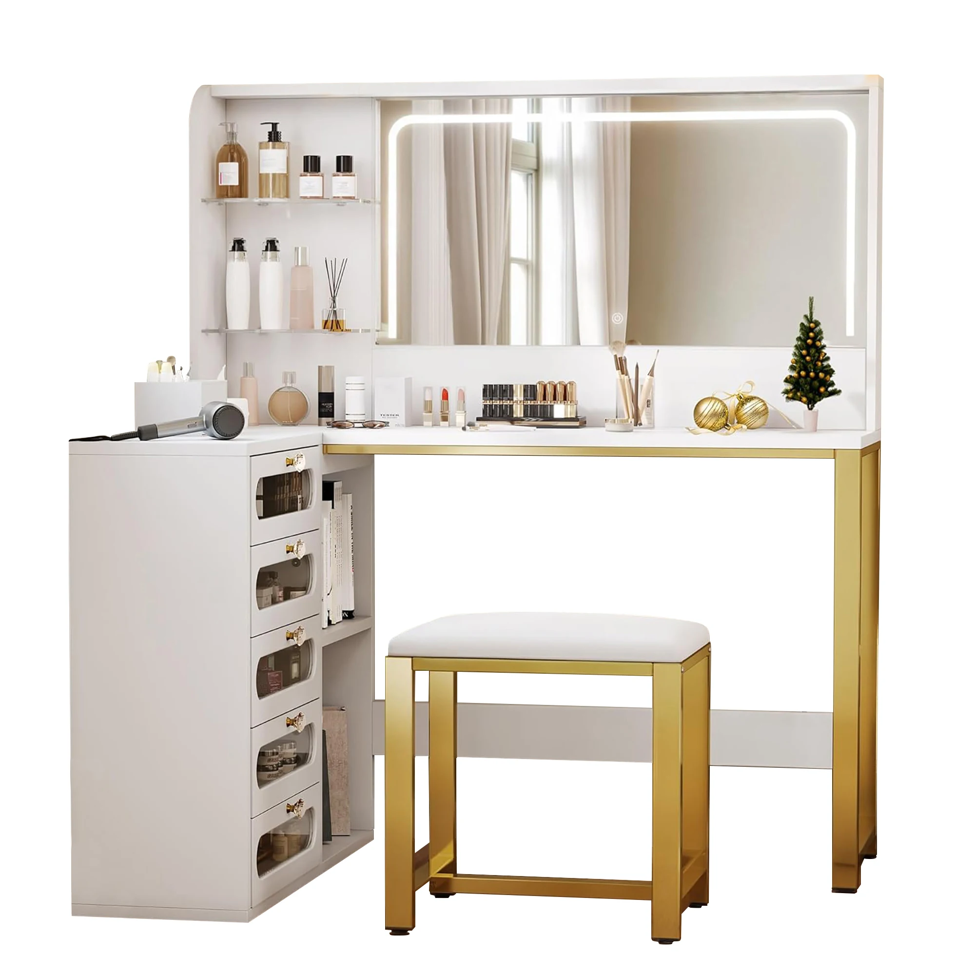 Rosahqnda LED-Beleuchtung Schminktisch mit einstellbarer Helligkeit Schminktisch mit Spiegel Kosmetiktisch mit Schubladen – Detail 38