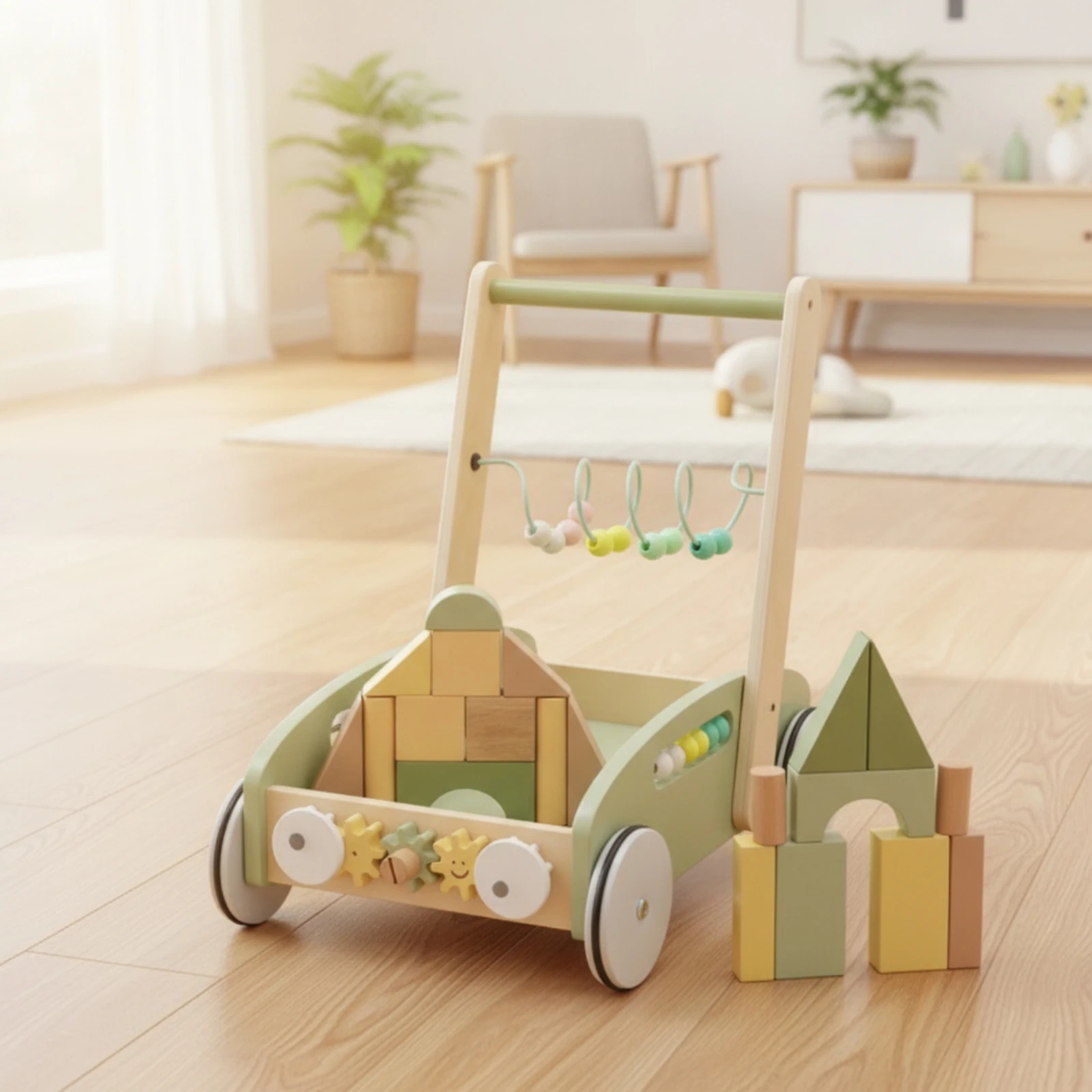 Toddler Push Cart Toy with Blocks Sensory Wooden Baby Toddler Push Cart Interactive Child-Centered for Toddlers, Playroom view 6