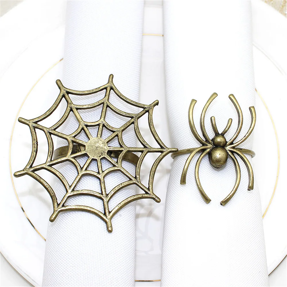 6Pcs Halloween Spider Napkin Rings Metal Spider Web Napkin Holder Serviette Buckle for Halloween Party Table Decoration HWH13