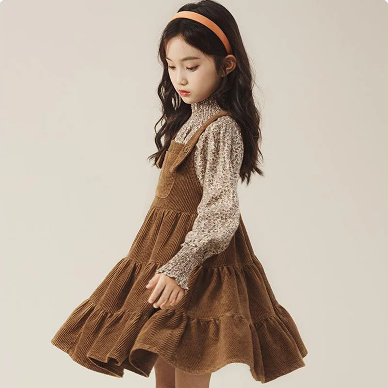 Girls Outfits Dress Sets 2024 Spring And Autumn New Girls Fragmented Flower Back Band Dresses 2pc Set 3-12 Years Kids Clothes