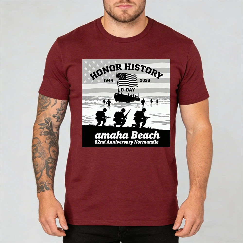 Men D-Day Omaha Beach 82nd Anniversary Normandie T-Shirt 1944-2026 Honor History Patriotic US Flag Print Short Sleeve Casual Tee view 5