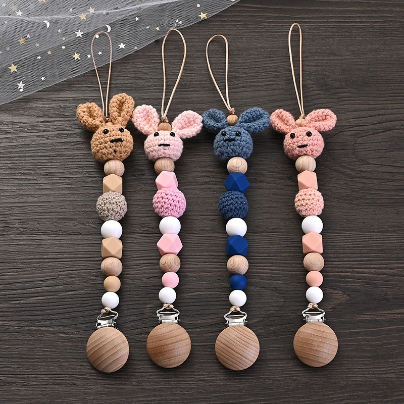 Beech Wood Baby Pacifier Clip Wooden Crochet Rabbit Teething Chain For Baby Teether Soother Nipple Chain Care Toy Infant Product