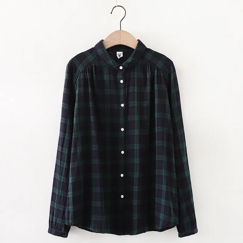 Vrouwen 100% Katoenen Garen Geruite Blouse Mori Meisje Japan Mode Lange Mouw Plaid Tops voor Vrouwen 2025 Lente Shirts