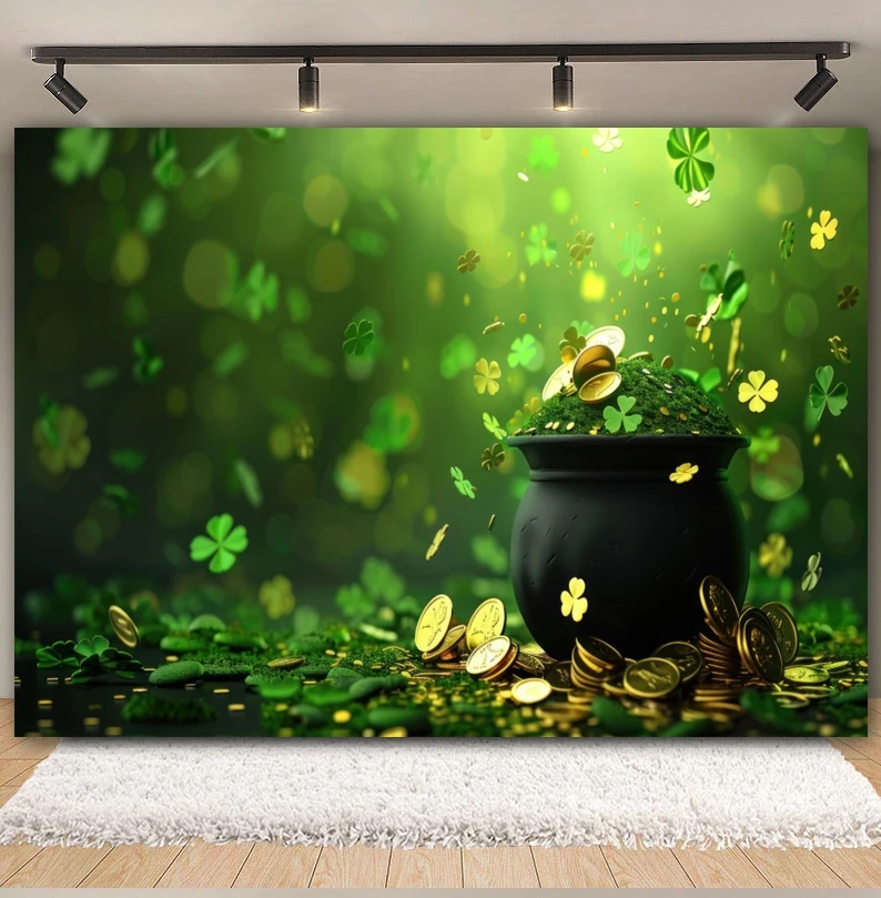 Happy St.Patrick’s Day Decoration Backdrop for Photography Clover Shamrock Hat Coins Festival Party Photozone Background Poster