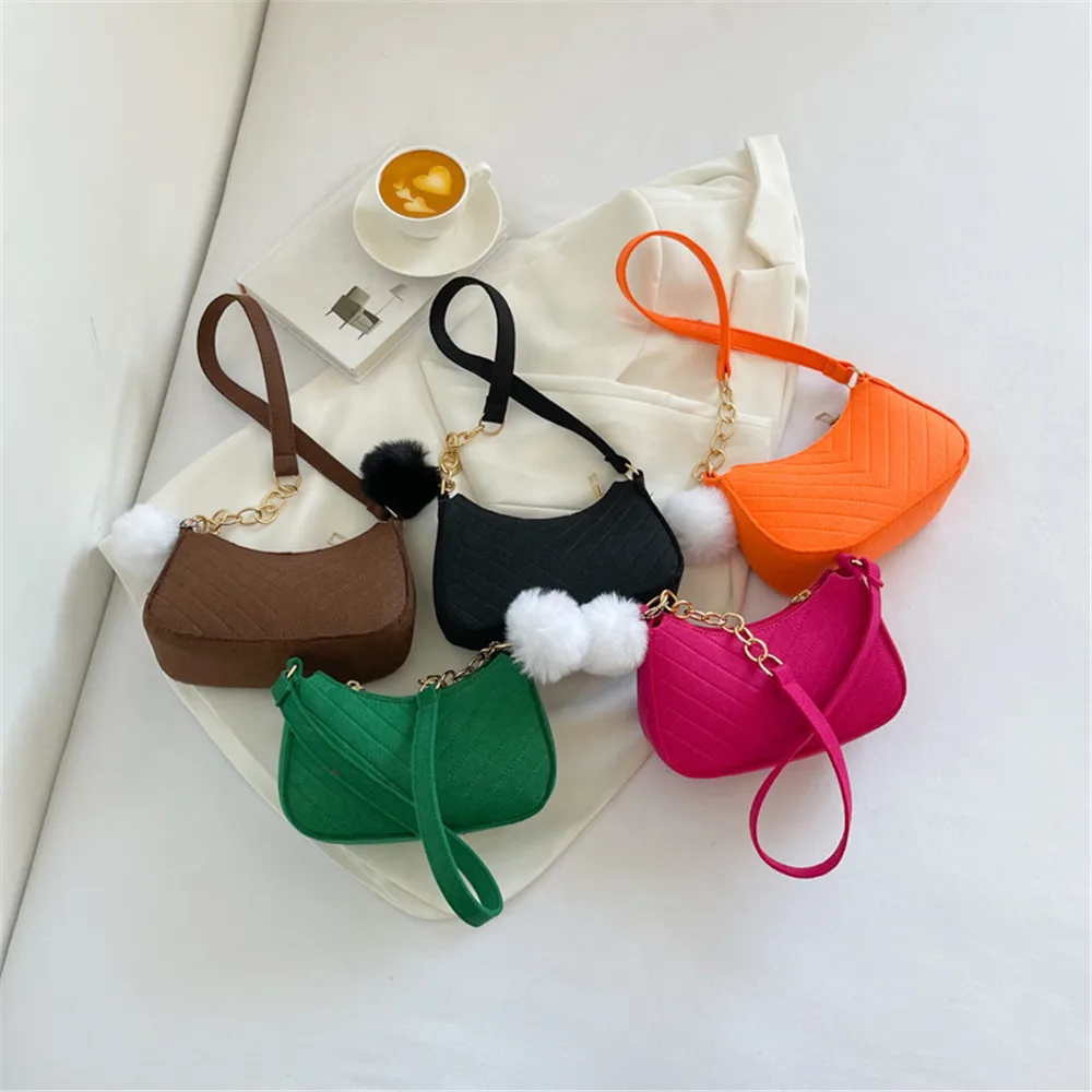 

Fashion Felt Shoulder Bag for Women Purse Underarm Bag Advanced Texture Armpit Solid Casual Handbag Female Bag with PlushPendant