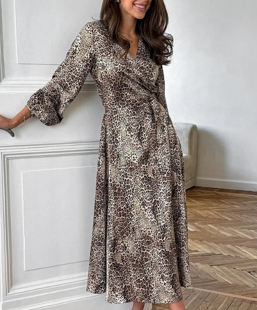 Elegant Dresses for Women Leopard Print Color Ding V-Neck Lantern Sleeve A-Line Temperament Dress Shipped Within 48 Hours