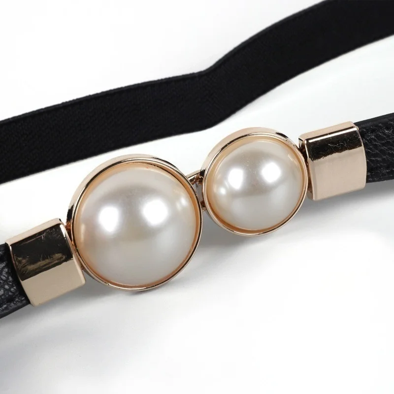 New Grace Double Pearls Buckle Elastic Women Belts Thin Straps Lady Girl Dress Skirt Decor Waistbands Trouser Dress Decoration