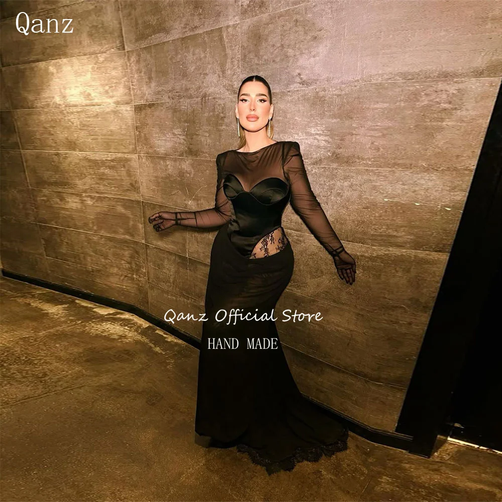 

Qanz Black Mermaid Prom Dresses O Neck Robes De Soirée Lace Appliques Illusion Modern Women Formal Evening Gowns Customized