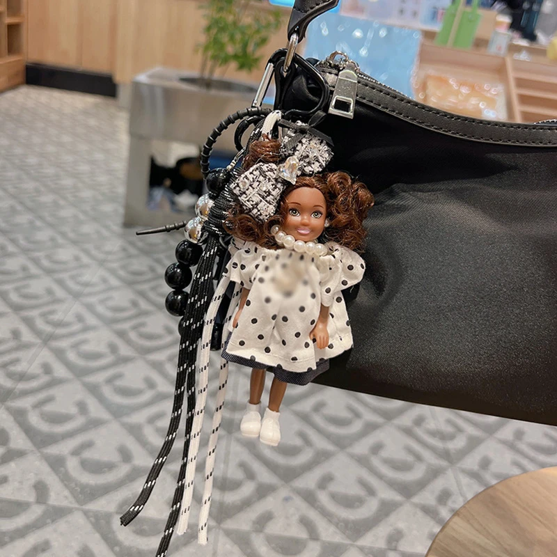 1pcs New Fashion Black Princess Doll Polka Dot Top Pants Set Car Keychain Pendant Exquisite Bag Charm Girls Handbag Decoration
