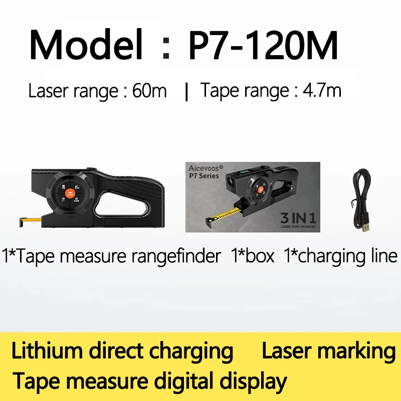 3 in 1 Laser Rangefinder 120M Tape Measure Ruler Typr-C LCD Display With Backlight Distance Meter Measurement Device Building