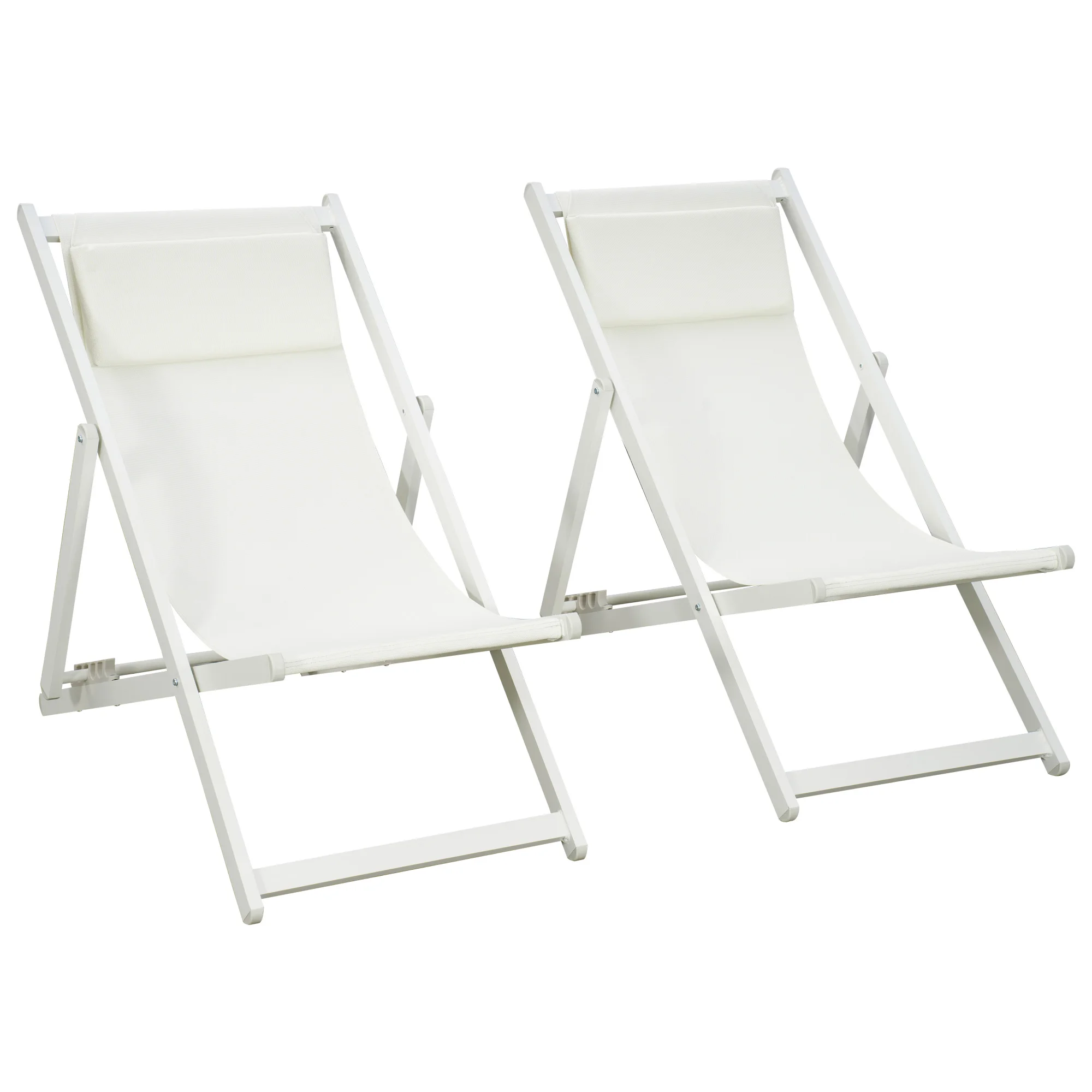 Outsunny Set of 2 Aluminum Folding Loungers 5-Position Adjustable Backrest Garden Loungers and Headrest for Outdoor Patio Terrace 58x96,5x91,5 cm White