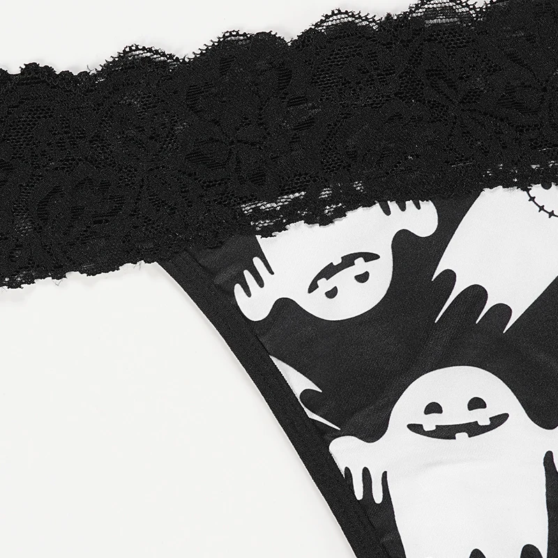 Halloween Panties Sexy Lace T Pants Bat Pumpkins Pattern Thongs Women\'s Underwear Hip Lift Briefs Low Rise Panties