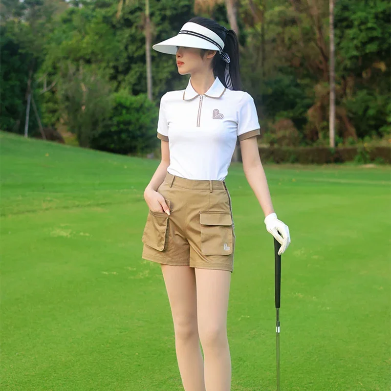 Love Golf Damskie koszulki sportowe z krótkim rękawem Oddychające, codzienne topy Damskie spodenki golfowe z wysokim stanem Szybkoschnące szorty z