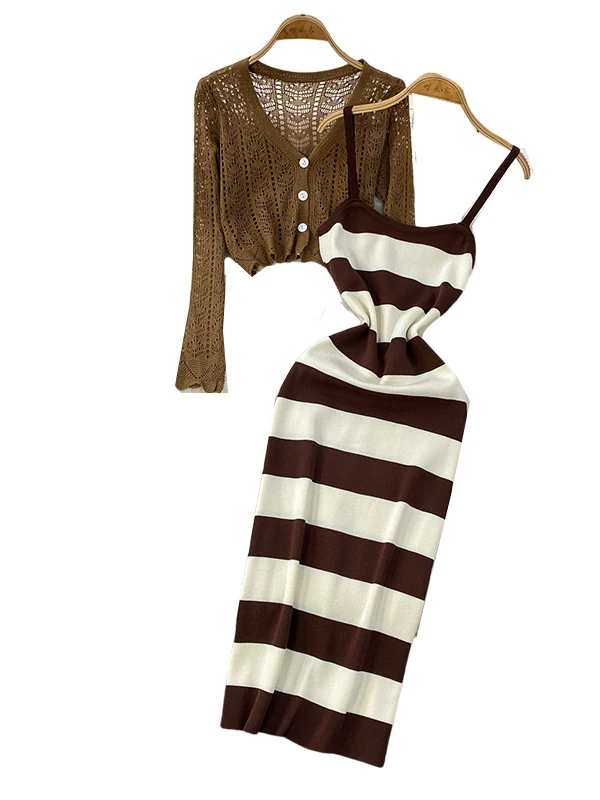 Coreano Sle V-Ne Hollow lavorato a maglia lungo Sve Protezione solare ort Cardigan Cappotto Stripe Ele Strap Dr Set per le donne