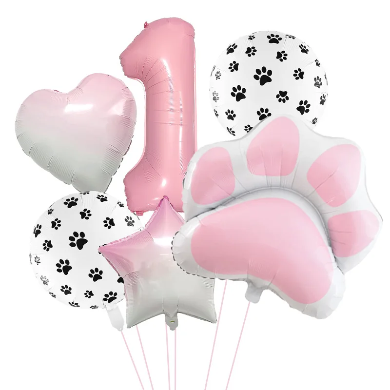 Animal Let's Party Dog Cat Paw Aluminum Balloon Pink Number Birthday Party Decor Balloon Family Party Decoration
