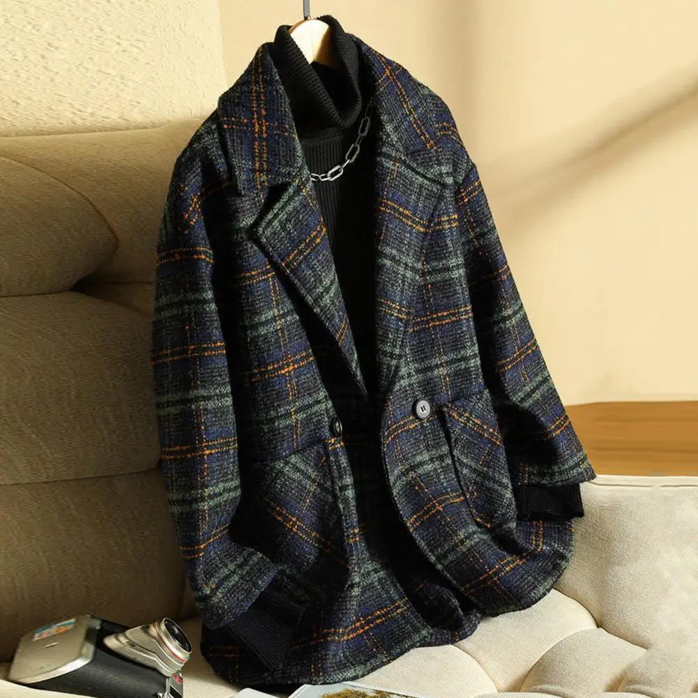 Women Solid Color Jacket Elegant Plaid Print Women's Winter Coat with Turn-down Collar Retro Cardigan Style Stay for Fall/winter - Image 5