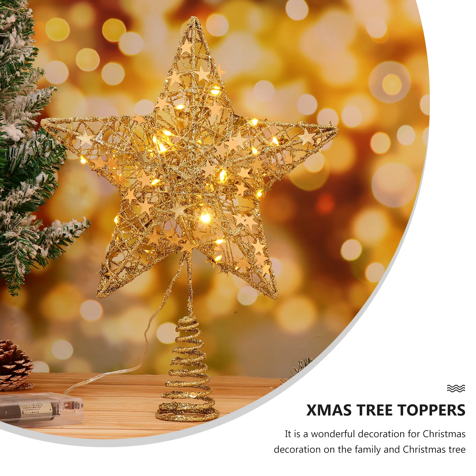 Christmas Tree Toppers Golden Wrought Iron Xmas Props Hollow Five Pointed Star nament Festive Decoration Bright Color Lighting