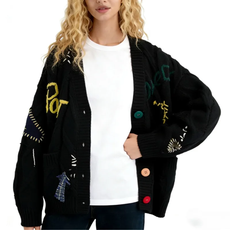 

Модный свитер с вышивкой для женщин, осенне-зимний, новый дизайн с буквами, свободный вязаный кардиган, трендовые модели свитеров в различных стилях