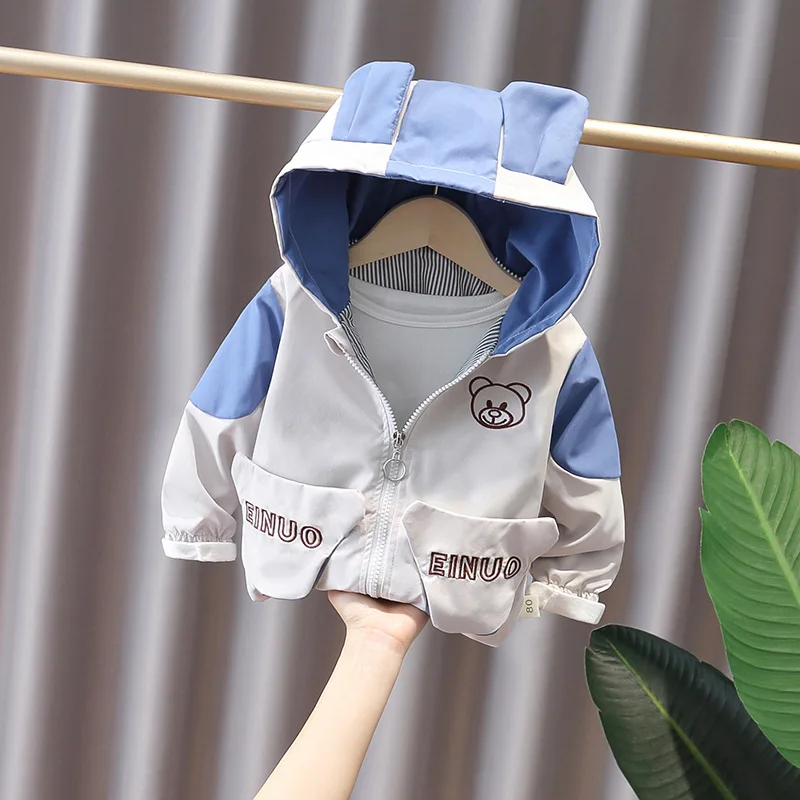 

Boys Hooded Toddler Spring Autumn Outfit Top Embroidered Bear Zipper Shirt