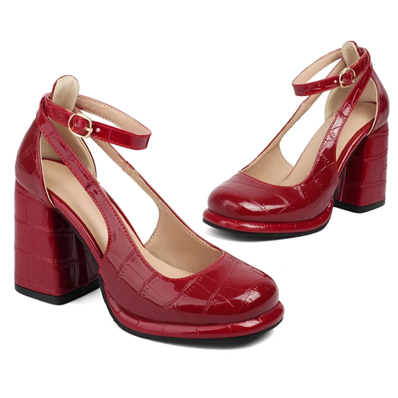 Close Toe Red Block High Heels Women Sandals Summer Shoes Pumps Ladies Ankle Strap Elegant Black Nude Party Wedding Shoes Brand view 5