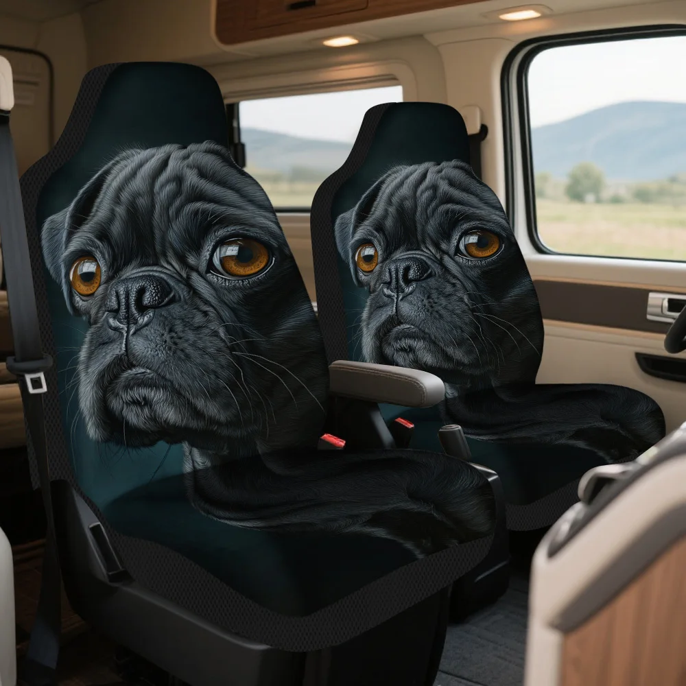 

Set Of 2, Adorable Black Pug Portrait Car Seat Covers – Complete Set For Front Seats, Universal Fit, High-Quality And Long-Lasti