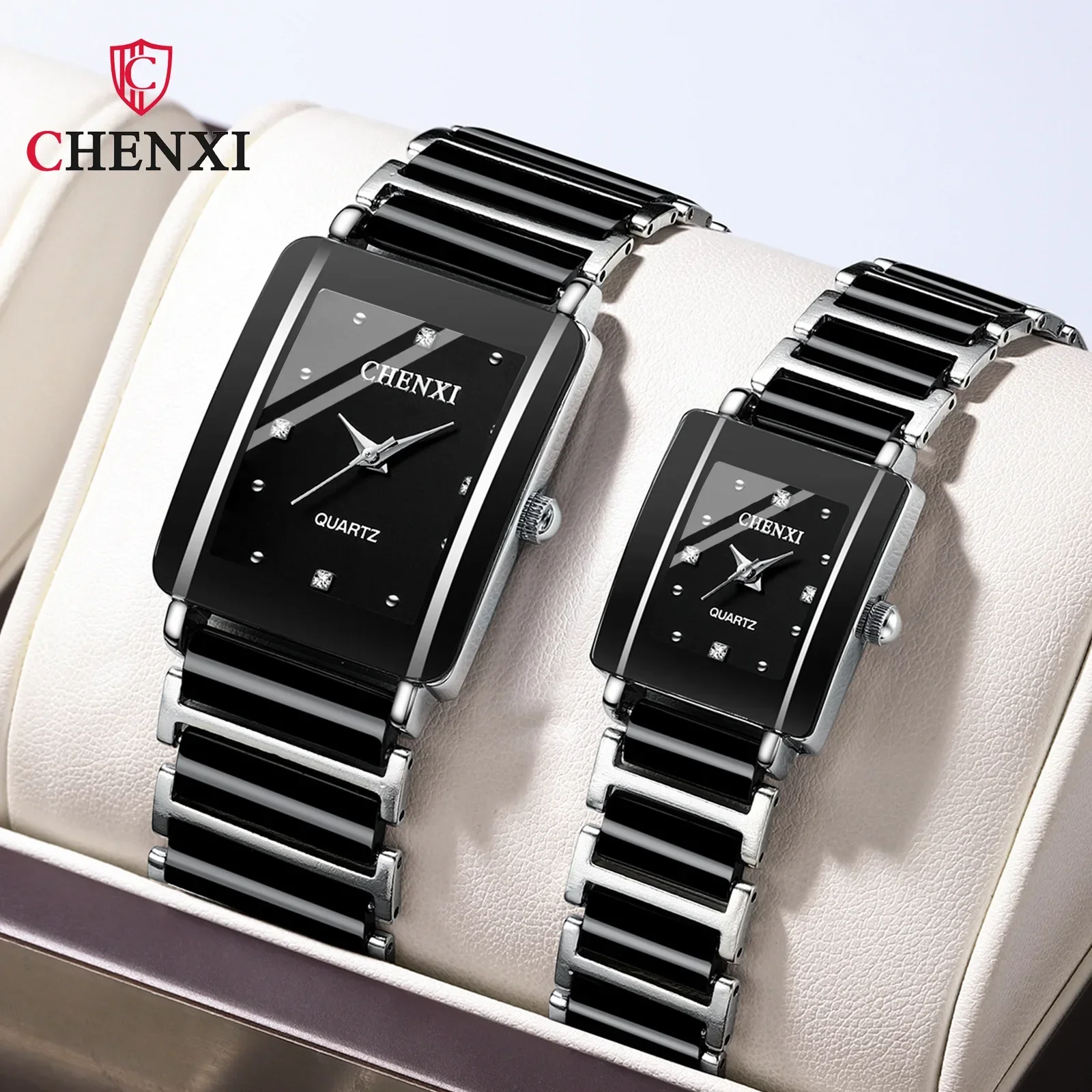 Fashion Rectangle Couple Watches Women Men Luxury Gold Black Simulated-ceramics Casual Quartz Lover's Wristwatch Gift