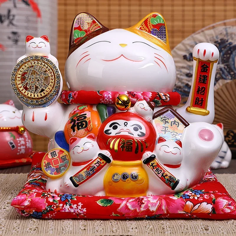 10.2 Inch Large Lucky Cat Maneki Neko Ceramic Beckoning Cat with Movable Arm Porcelain Figurine Decorative Statue