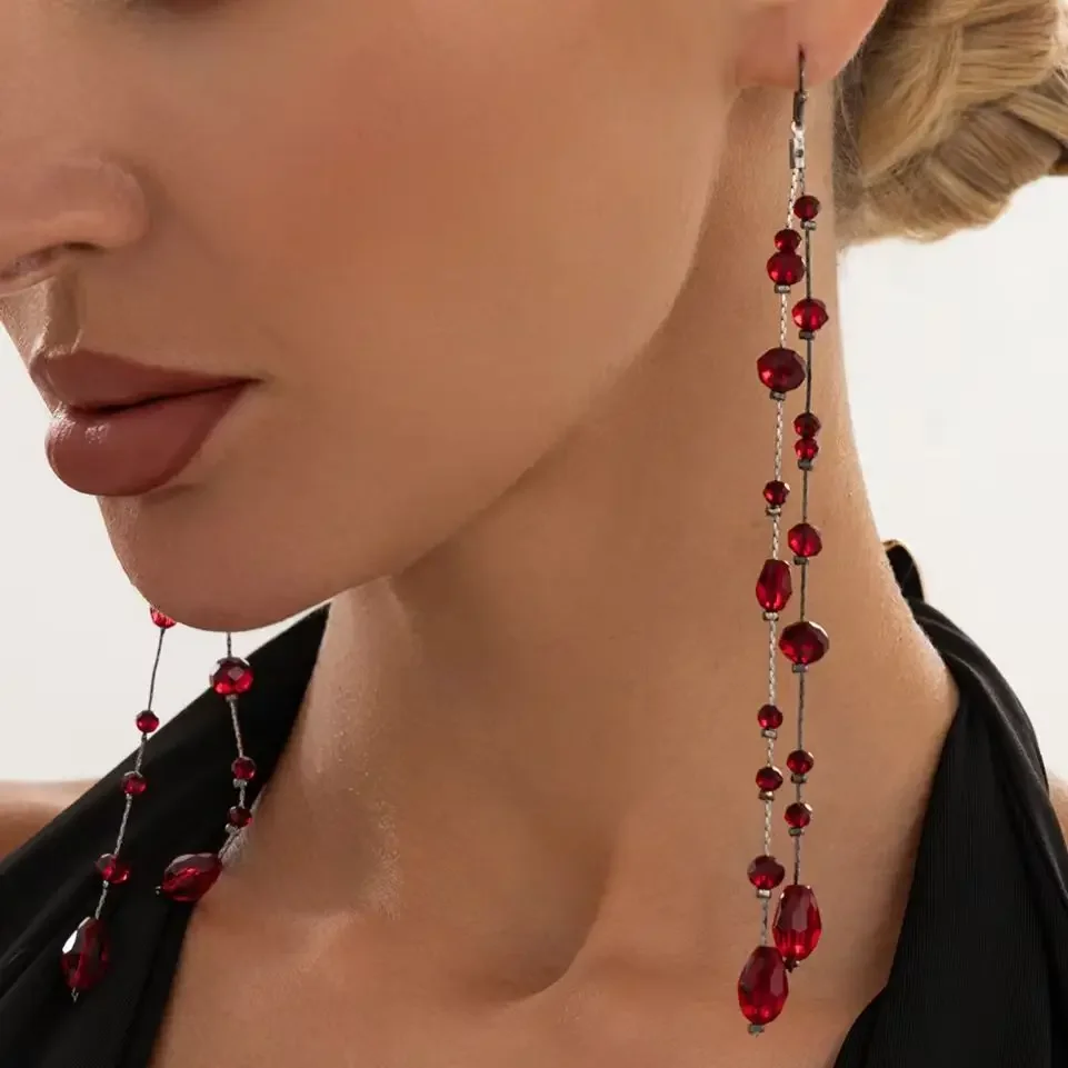 New Trendy Red Glass Crystal Pendant Earrings for Women Gothic Long Tassel Piercing Dangle Earring Halloween Jewelry Gifts