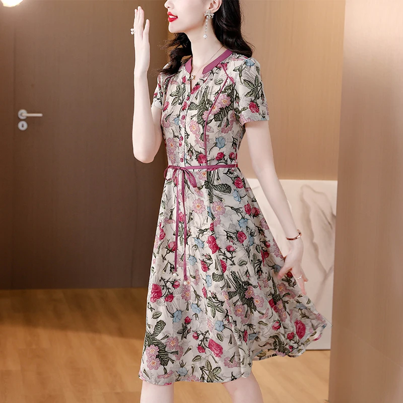 2024 Summer New Silk Luxury Elegant Casual Midi Dress Women Chic Floral Festival Evening Dress Vintage Bodycon Party Robe Dress