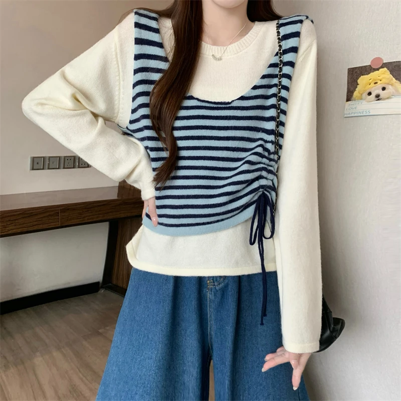 

Korean Sle Knitted Stripe Sweater And Vest Two-Piece Set for Women Autumn Winter Faion Trend Warmth Comfortable Long Sve