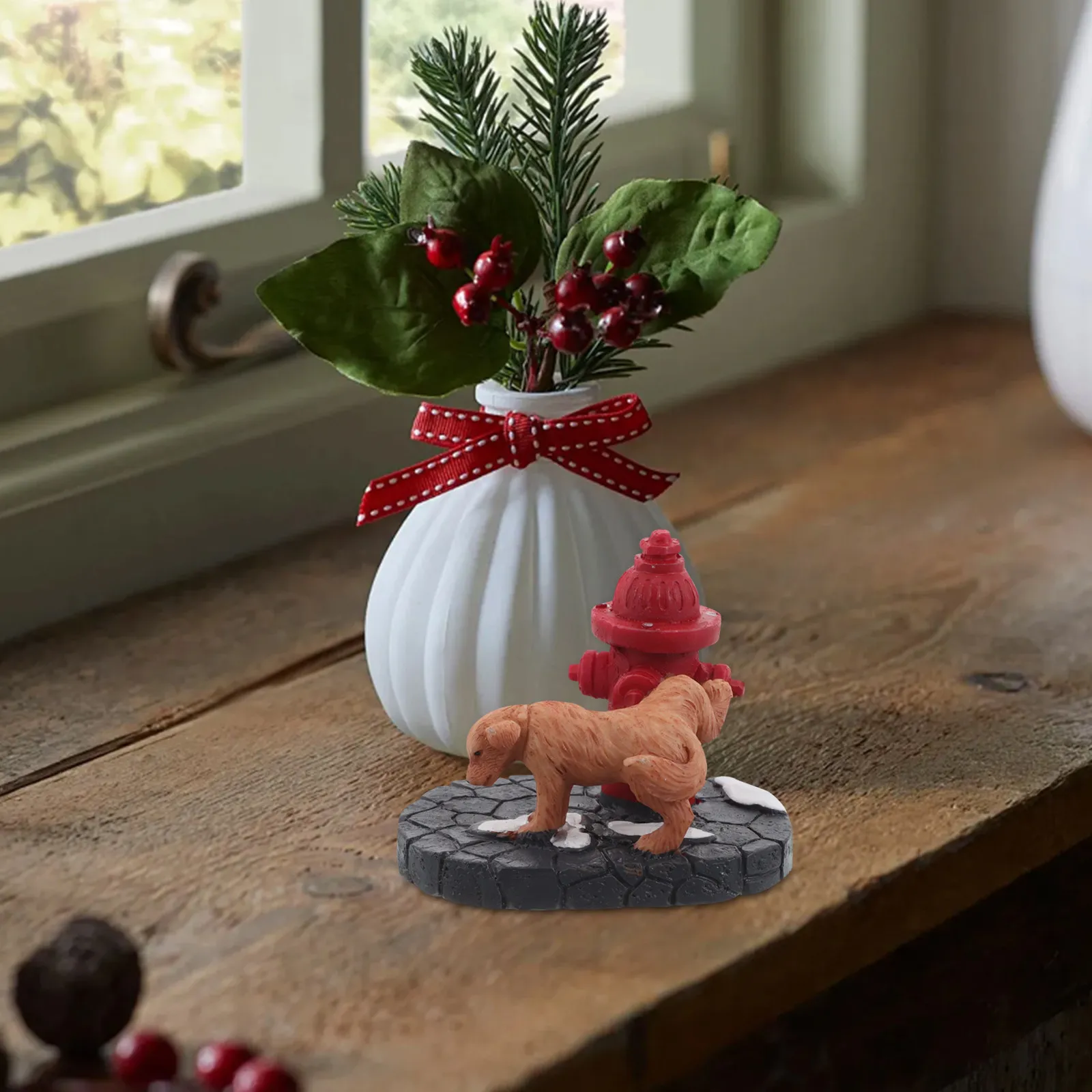 Mini Christmas Dog Sculpture Resin Peeing on Fire Hydrant Outdoor Garden Decor Small Yard Decorations Outdoor Creative Home