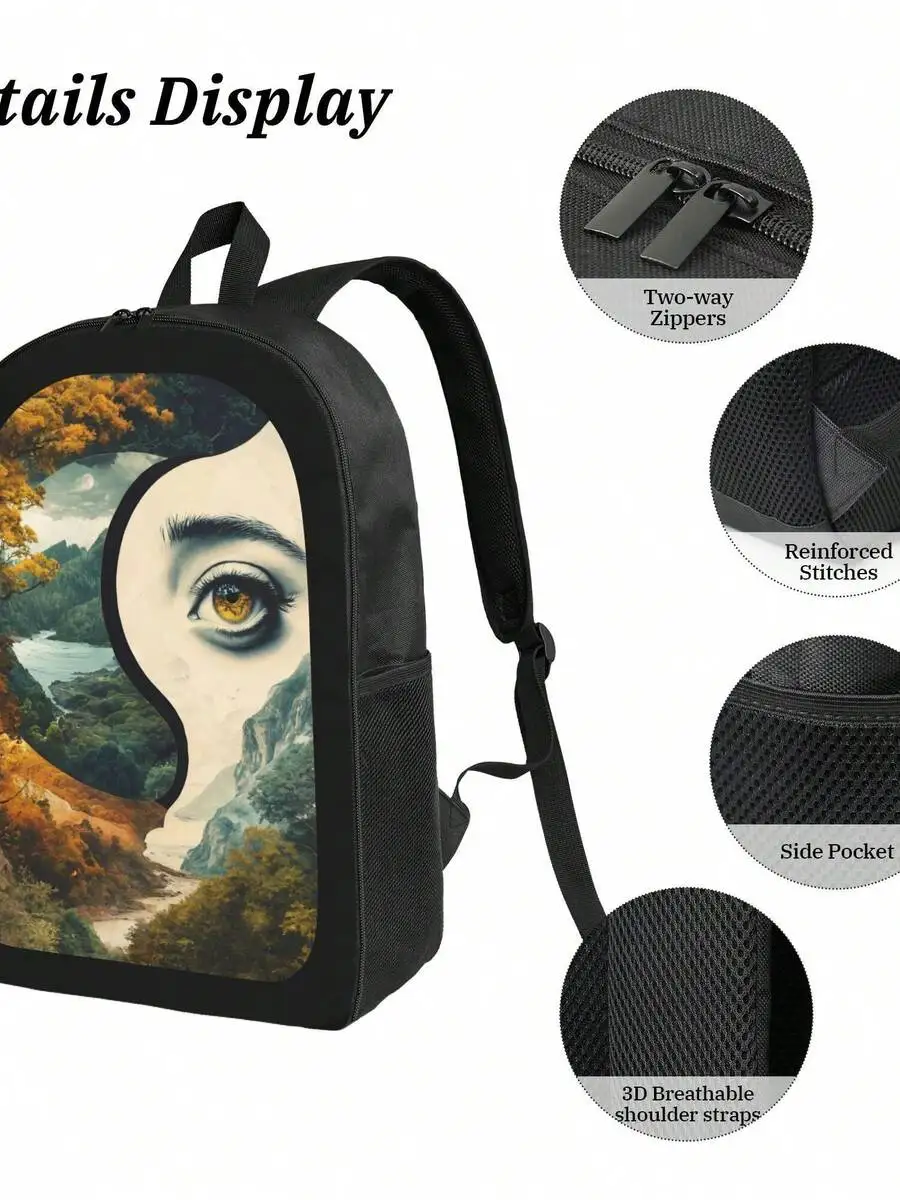 Black Artistic Landscape Portrait Print Backpack Durable Lightweight Ergonomic School College Bag