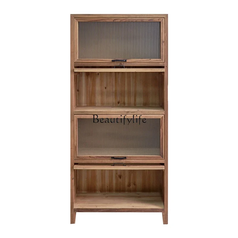 

LAmerican solid wood bookcase with glass door upturned living room wabi wind dining room wall storage cabinet