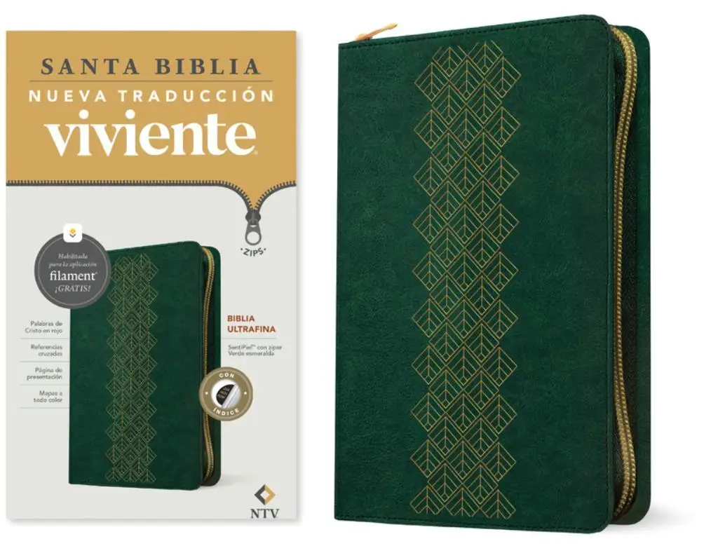 Biblia Ultrafina NTV z Zíper Verde Esmeralda, Filament, Ía i Letra Roja - Ediiczna Compacta