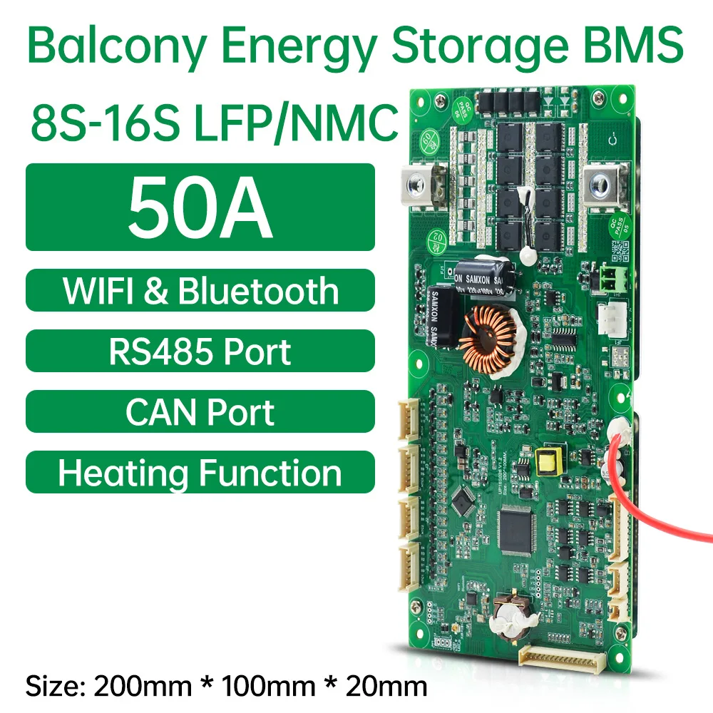 Jiabaida 3.2V LFP 3.7V NMC 8S 24V 15S 16S 48V 50A 100A Smart BMS with RS485 CAN BT WIFI Heating For Balcony Energy Storage BMS