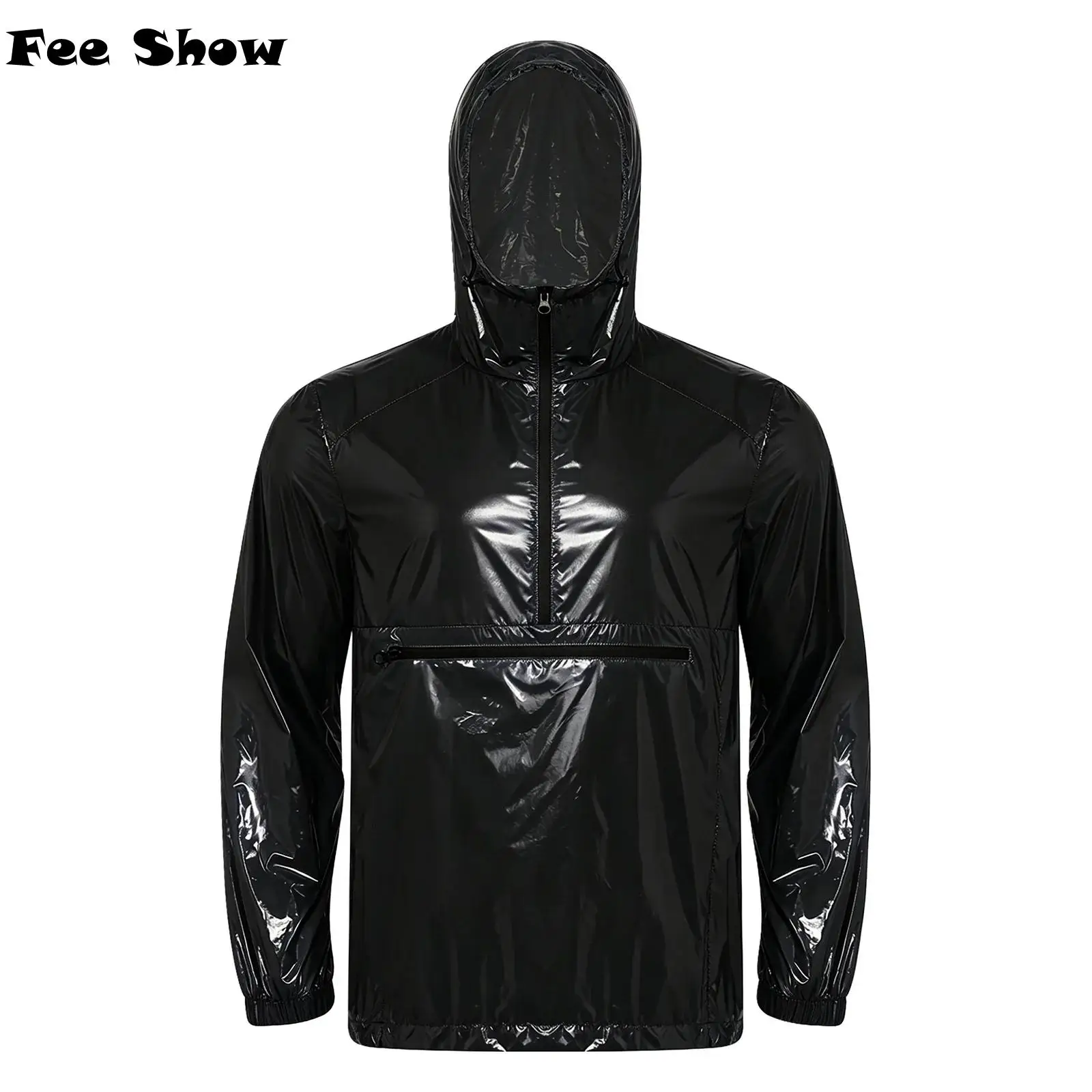 

Mens Long Sleeve Hooded Sweatshirt Hoodie Jacket Tops Front Kangaroo Pocket with Half Zipper Windbreaker Waterproof Raincoat