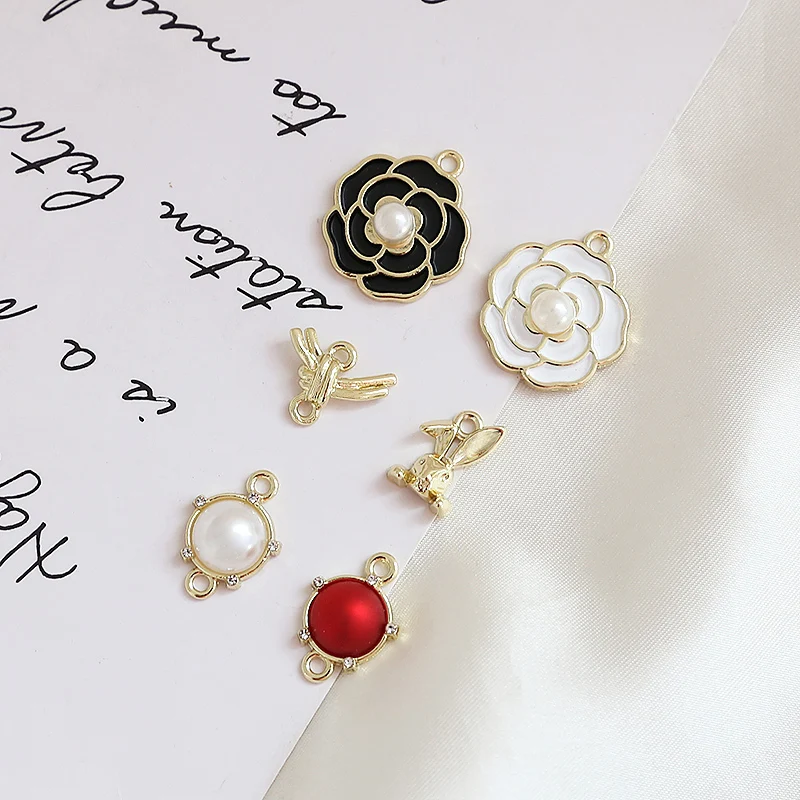 6pcs Alloy Pearl Flower Temperament Rhinestones Double Hanging Bunny Diy Handmade Jewelry Accessories Earrings Material Charms