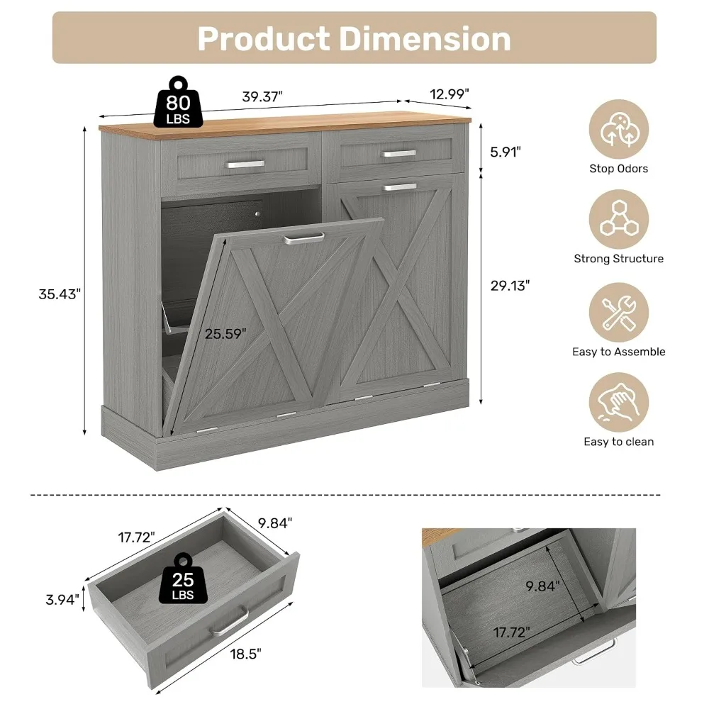 Double Tilt Out Trash Cabinet 2x10 Gal Hidden Garbage Recycling with Drawers Kitchen Grey