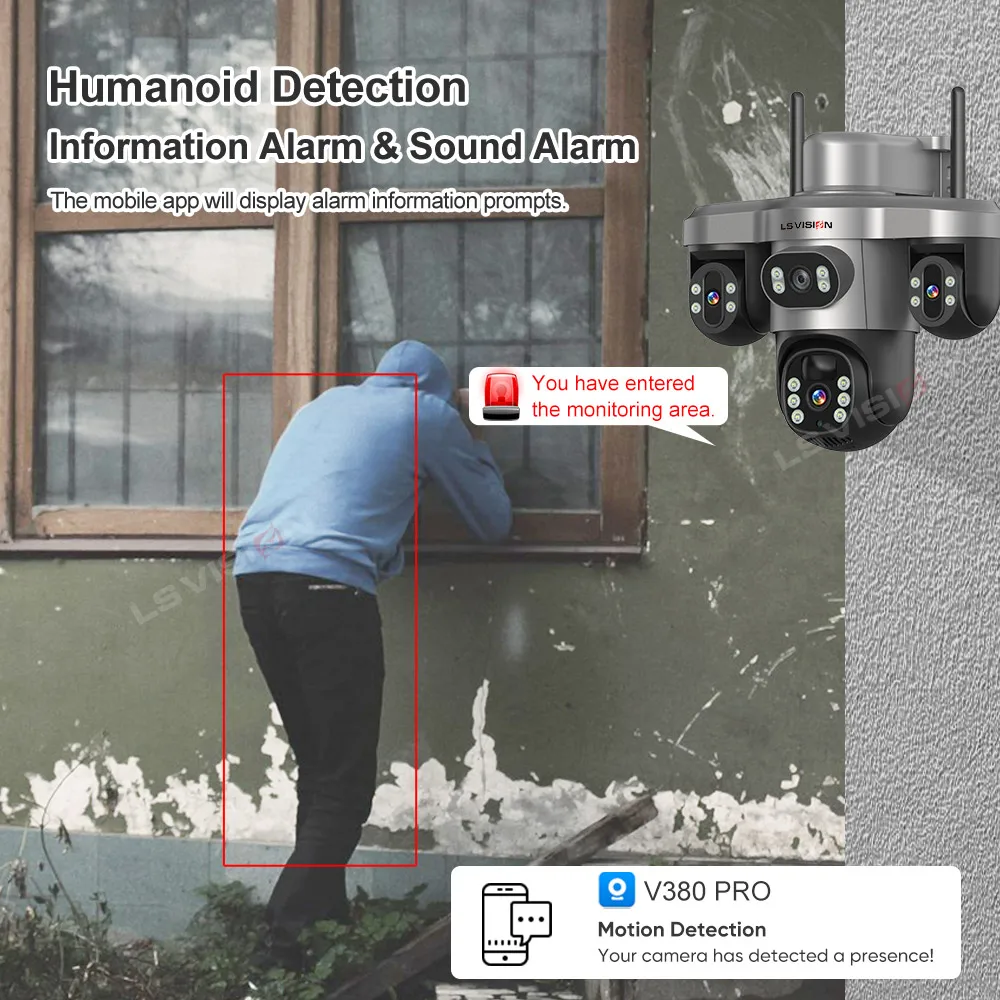กล้องวงจรปิด LS VISION หลายเลนส์ 3 จอ Wifi กล้องรักษาความปลอดภัยพลังงานแสงอาทิตย์กลางแจ้ง กล้องพาโนรามา ตรวจสอบผ่านมือถือ พร้อมไซเรนเตือนภัย กล้องวงจรปิดพลังงานแสงอาทิตย์