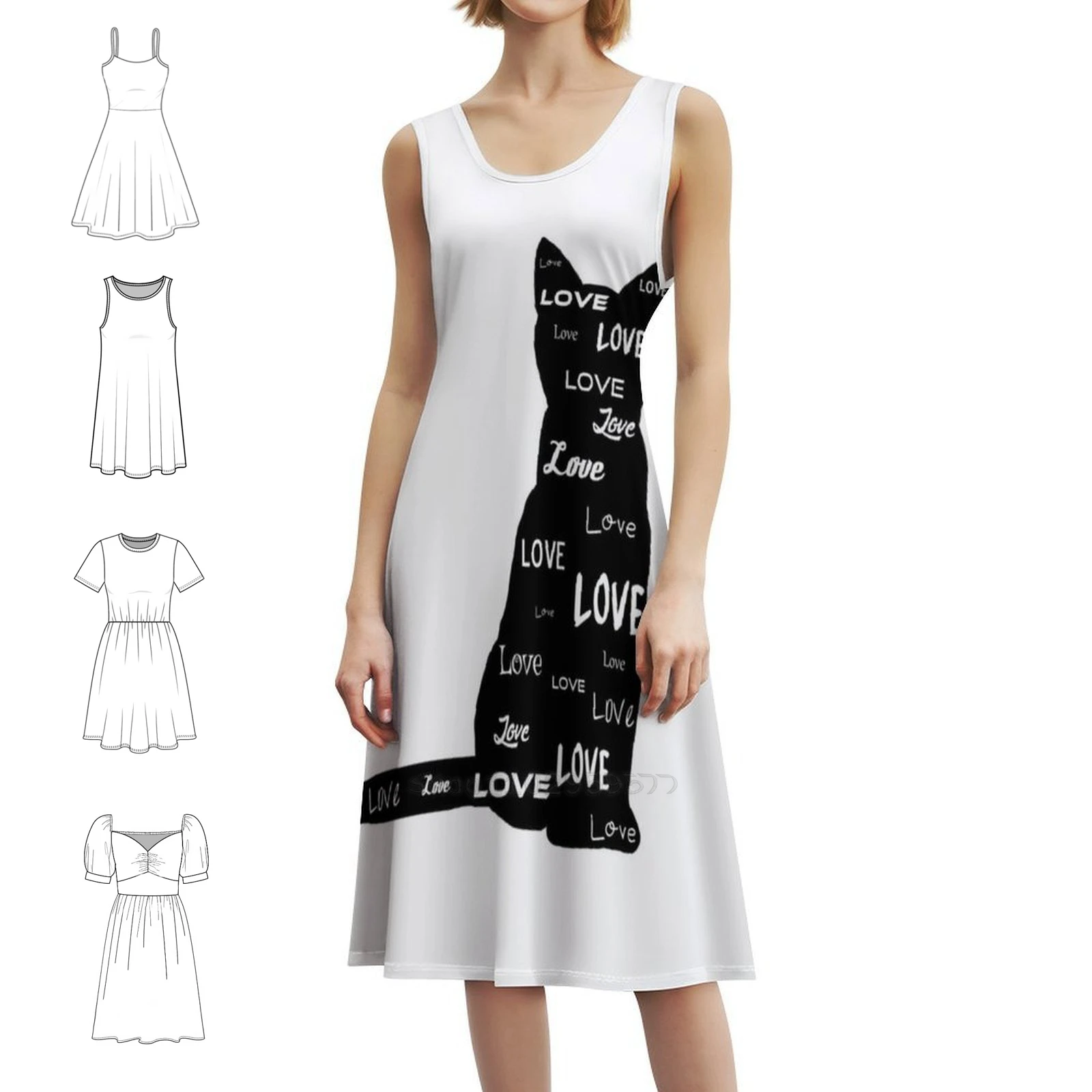 

Винтажное богемное платье Love Cat с пышными рукавами или без рукавов, варианты для женщин, платье Love Heart Cat Pet Meow, женская одежда