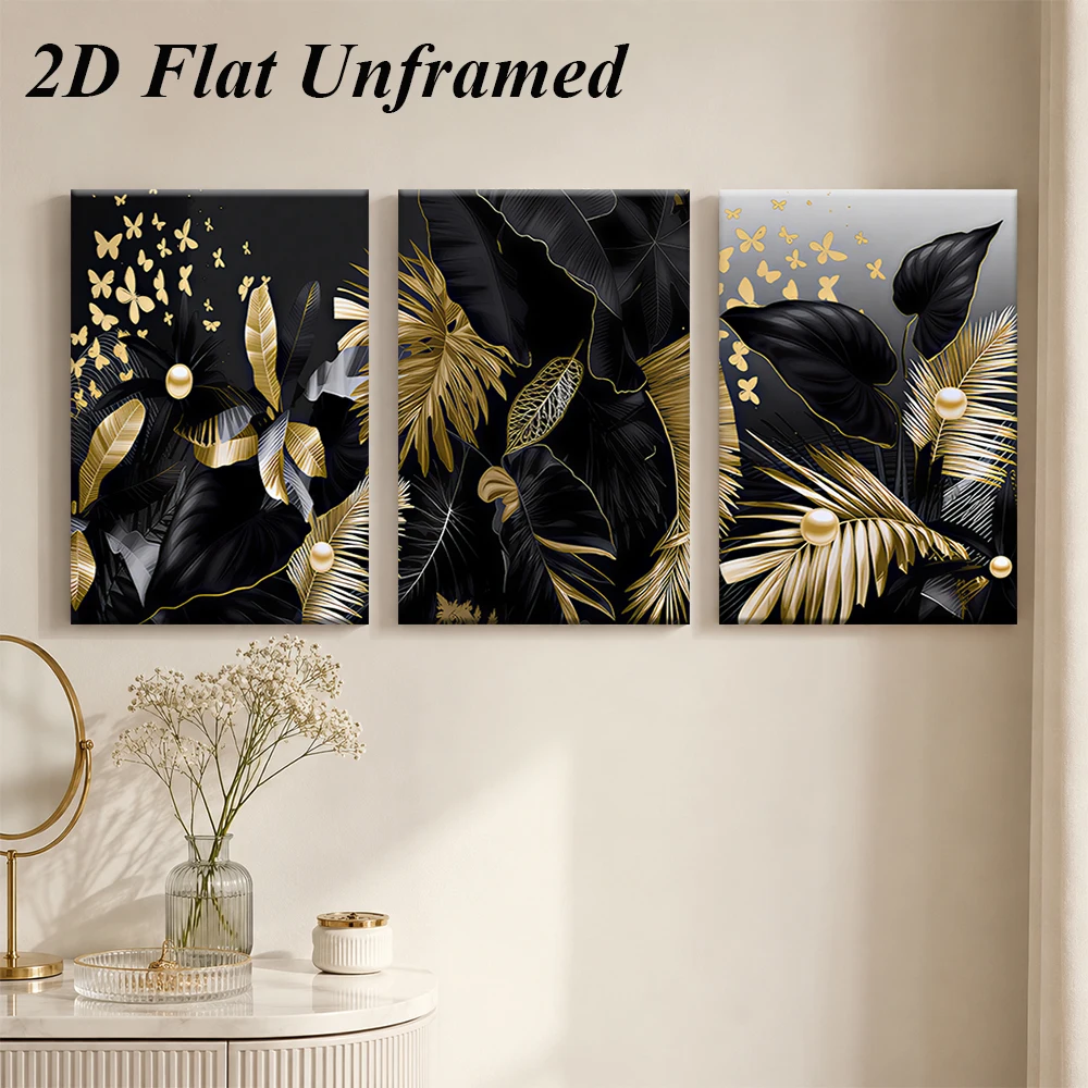 1 set of modern living room triple frameless decorative paintings, plants, pearls, butterflies, decorative paintings, 2D plan